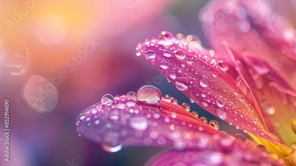 Fototapeta Close up of a flower petal adorned with morning dew droplets on it. The flowers are brightly colored with soft blur, dreamy bokeh background.