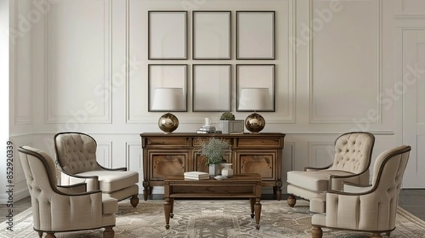 Fototapeta Sophisticated living space with classic furniture and blank picture frame mockup on wall