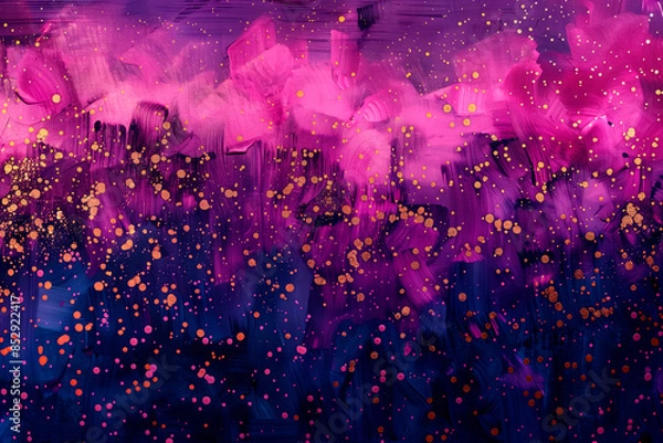 Fototapeta Tapestry of glowing magenta and deep indigo sets lively stage with sparks of gold dots shimmering like distant stars.