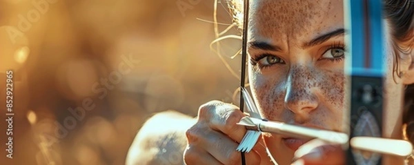Fototapeta Close-up of a woman's face, eyes focused on the target as she draws a bow.