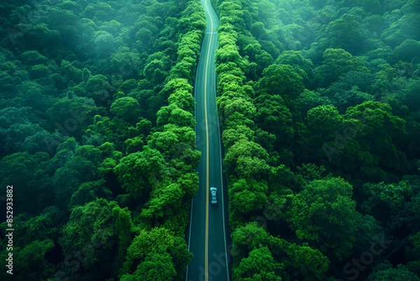 Fototapeta Elevated View of Meandering Highway Through Enchanted Forest