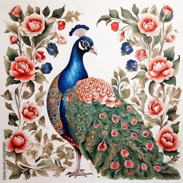 Fototapeta pattern Mughal peacock painting with mughal king on white background
