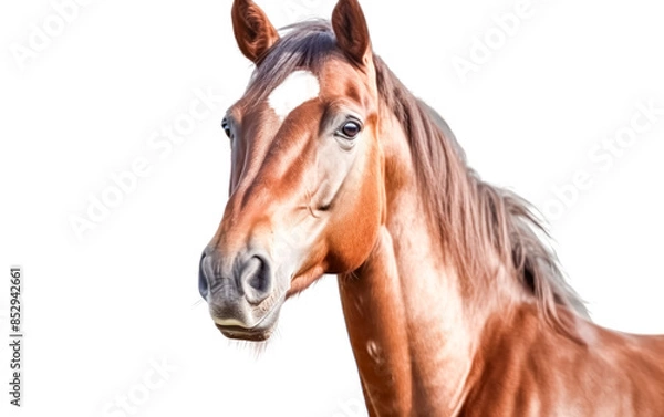 Fototapeta A brown horse with a white face is looking at the camera.