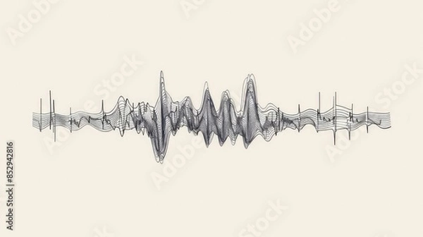 Obraz Line wave music sound one noise audio frequency icon signal podcast radio soundwave waveform volume art hand. Acoustic line music logo recording voice wave doodle sketch abstract. Vector illustration.