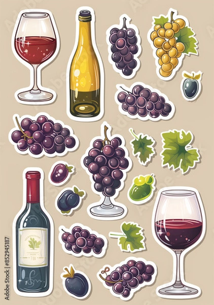 Fototapeta Sticker designs, wine glasses and bottle of reds and white grapes, cartoon style, sticker set on beige background, vector illustration
