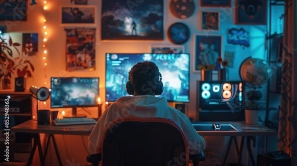 Fototapeta A cozy gaming setup with a gamer immersed in their favorite game, illuminated by the soft glow of RGB lights. The room is adorned with gaming posters and collectibles, adding a personal touch to the