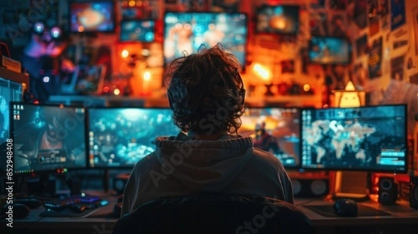 Fototapeta A dedicated gamer in a dark room, surrounded by multiple monitors displaying various game screens. The ambient lighting casts a neon glow, highlighting the gamer's intense concentration. The room is