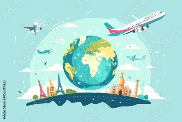 Fototapeta Colorful illustration of a world map with famous landmarks, showcasing international travel and cultural sites.