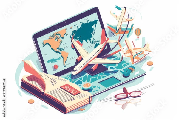Obraz Vibrant illustration showcasing a digital world map on a tablet with airplanes, a travel book, and various travel icons.