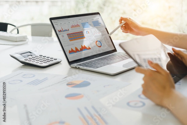 Fototapeta Professional analyzing financial data graphs, charts on laptop display at a modern workspace. Financial analysis or business evaluation concept