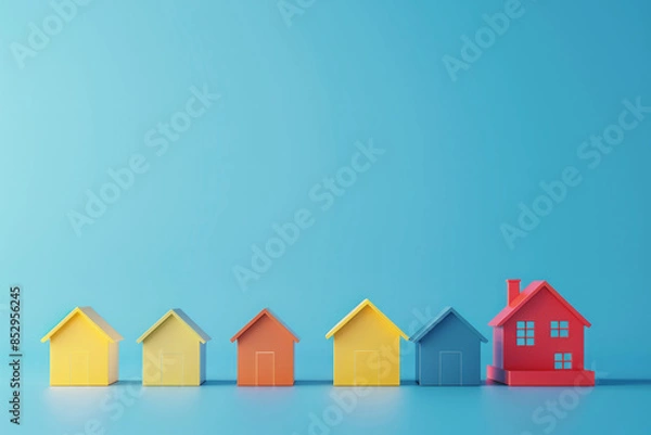 Obraz Colored miniature houses on blue background. Concept of investing in real estate. Searching new house for purchase