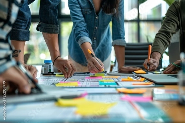 Fototapeta Creative agency team discusses product launch roadmap for new business development