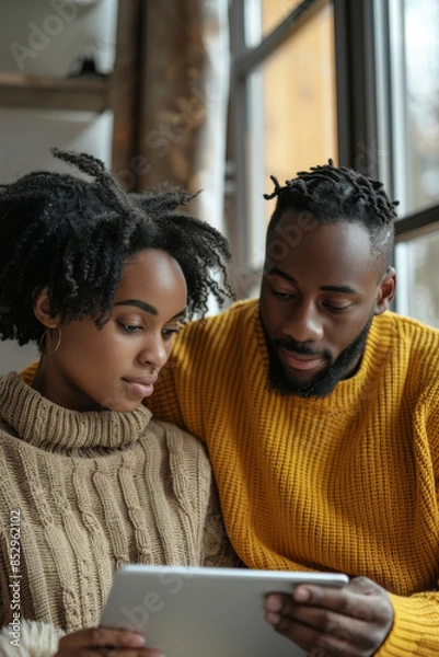 Fototapeta an African American couple organizing their day together with a shared digital calendar on a tablet