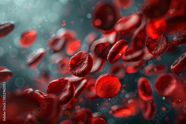 Fototapeta Close-up of red blood cells moving in a synchronized manner through blood vessels, ensuring optimal oxygen delivery to every cell.
