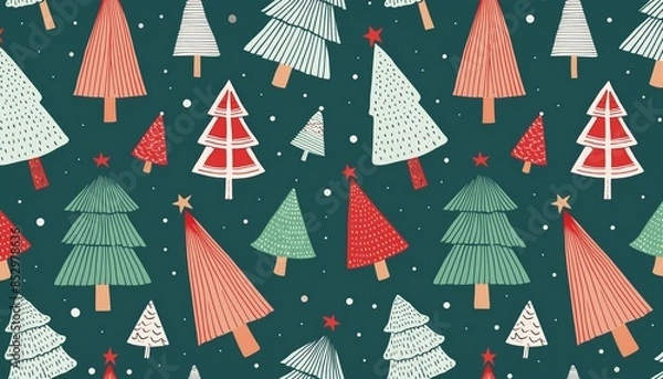 Fototapeta Festive pattern with Christmas trees and snowflakes for holidays