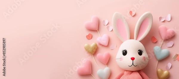 Fototapeta Cute pink toy bunny on a pink background. Around it are hearts of different colors. Greeting card, banner, background with place for text.  Generative AI illustration