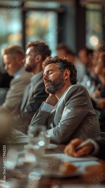 Obraz Businessman falling asleep during a dull meeting in a conference room with other attendees. Boredom and fatigue in professional settings.