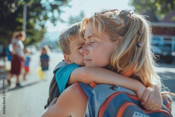 Fototapeta A mother and son embracing emotionally as the school bus waits