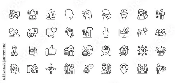 Fototapeta Group, Heart and Yoga line icons pack. AI, Question and Answer, Map pin icons. Support chat, Electric app, Security app web icon. Head, Three fingers, Podium pictogram. Vector