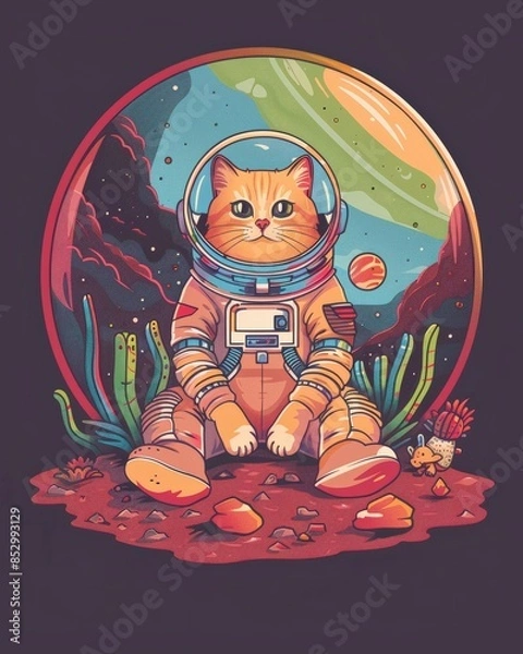 Fototapeta A whimsical illustration of a cat wearing an astronaut suit, exploring an alien planet with colorful background.