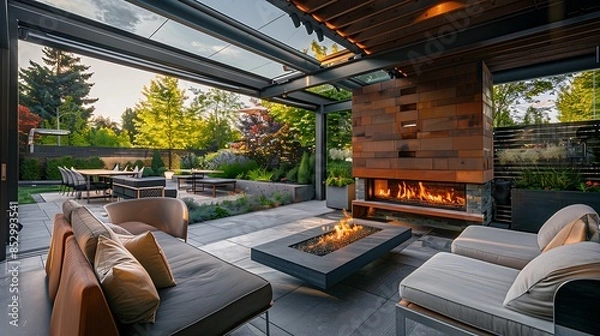 Fototapeta high-end outdoor lounge with a modern fireplace, designer furniture, and retractable roofs and walls that allow for use in any weather, providing a luxurious extension of the indoor living space