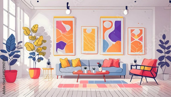 Fototapeta Pastel modern living room interior design wallpaper element for printer on digital art concept, Generative AI.
