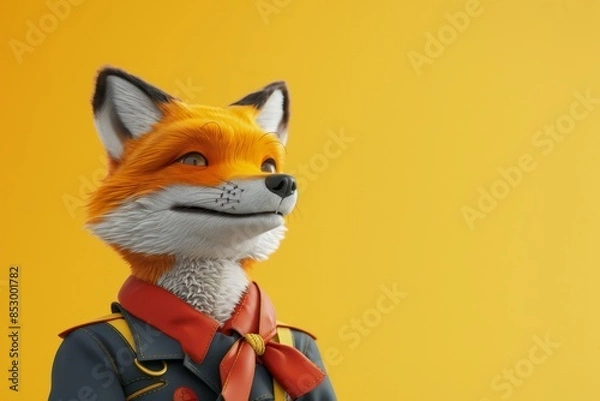 Fototapeta A cartoon fox is wearing a red bandana and a blue jacket