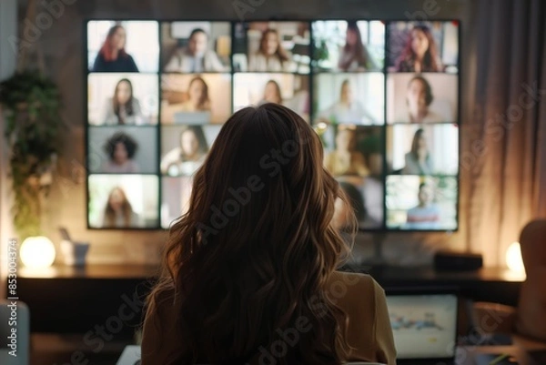 Obraz Remote Work: Woman Employee Video Calling Diverse Colleagues for Online Briefing