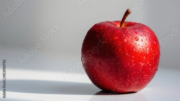 Fototapeta Close-up of a fresh red apple with water droplets, captured in natural light, highlighting its vibrant color and texture against a white background.