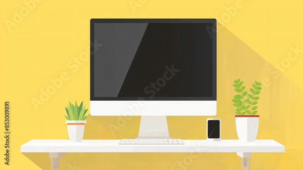 Fototapeta Computer Desk with Plants and Smartphone.