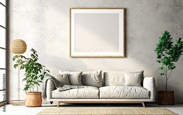 Fototapeta A white couch sits in front of a blank wall.