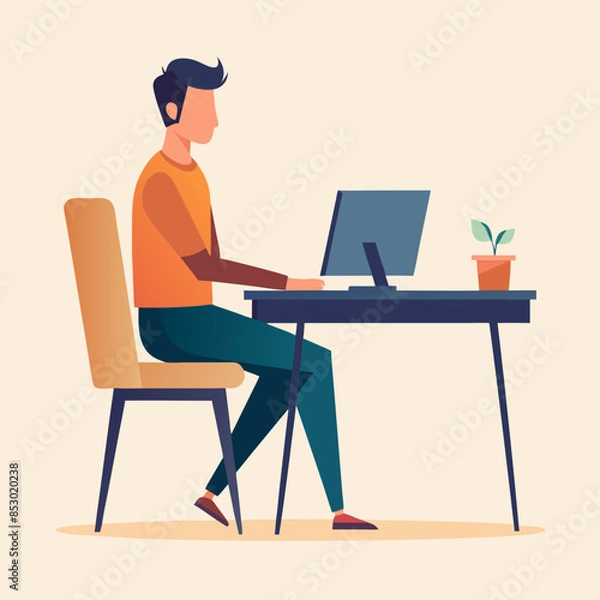 Fototapeta vector illustration of a young man sitting at his desk  working on his computer on white background