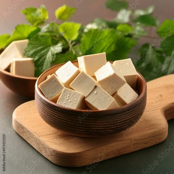 Obraz Pieces of indian paneer cheese or cubes, tofu in bowl