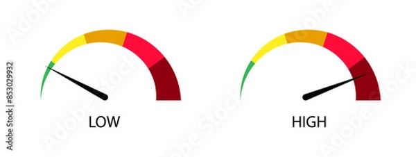 Fototapeta Risk icon on speedometer. High risk meter. High level risk gauge vector icon. High fuel illustration on isolated background. Vector stock illustration.