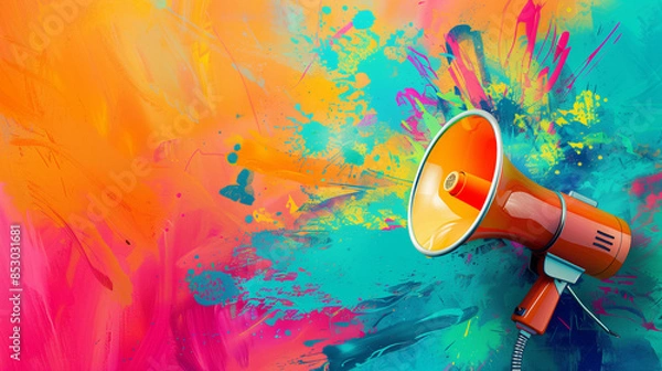 Fototapeta Colorful background and megaphone to make your marketing and advertising campaigns stand out. The color palette will catch the audience's eye, and the megaphone conveys key information.