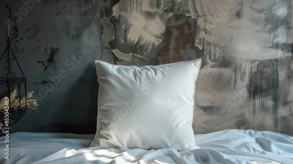 Obraz A soft pillow on a bed with modern abstract wall art in the background