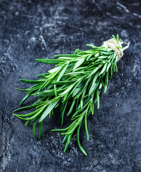 Fototapeta Rosemary on a black background. A bunch of fresh green fragrant rosemary. Spices and herbs that are used for cooking meat and fish. Culinary concept.