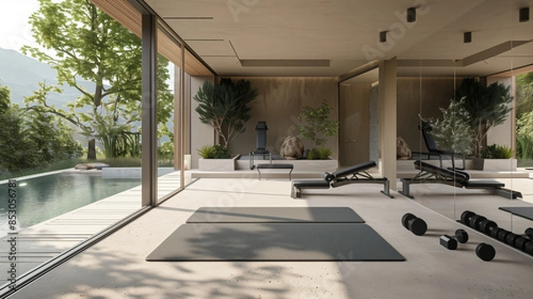 Obraz Gym with spa swimming pool in interior modern house. Serene partial contemporary style
