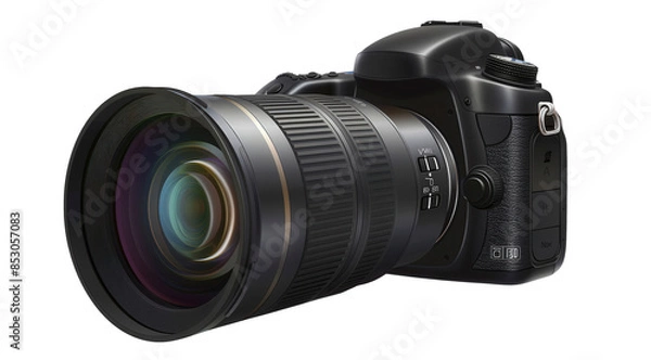 Obraz A black camera with a lens and a strap