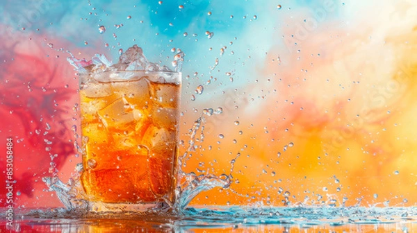 Fototapeta Refreshing Long Island Iced Tea cocktail with splash on multi-colored background