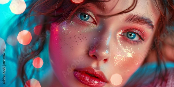 Fototapeta A Portrait of Sparkle: A Womans Face Illuminated by Festive Lights