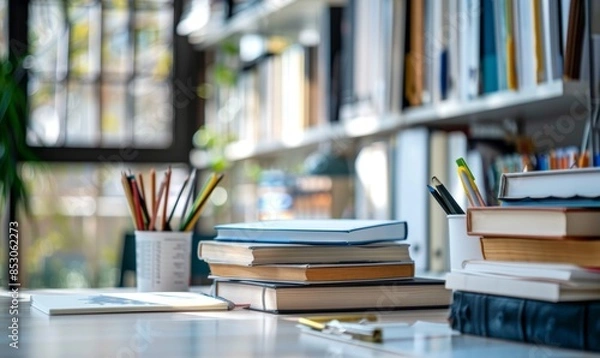 Fototapeta White table with books and stationery in blurred study room 