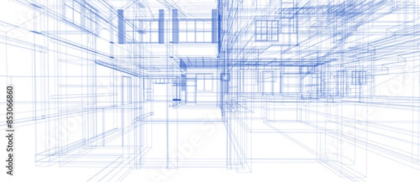 Fototapeta Futuristic Graphic Background Digital Wireframe Architecture in Blue Lines