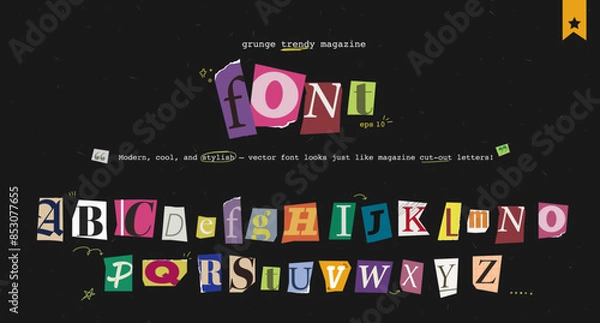 Fototapeta Set of magazine cutout alphabet font. Cut letter. Typography type from newspaper. Pop art clipping word. Vector crime grunge illustration with ripped and torn elements