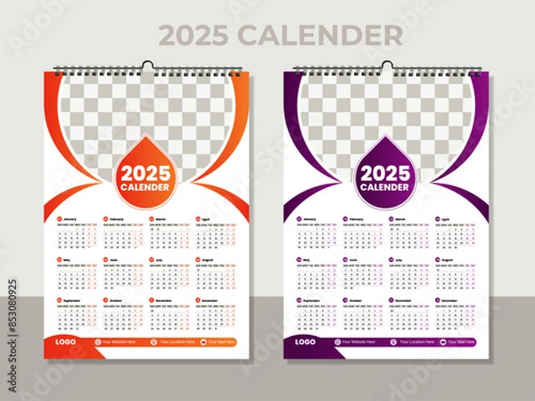Fototapeta Vector single page colorful travel agency wall calendar design template. 2025 Calendar Template Design,. One page wall calendar design for 2025. Wall calendar vector for corporate.
