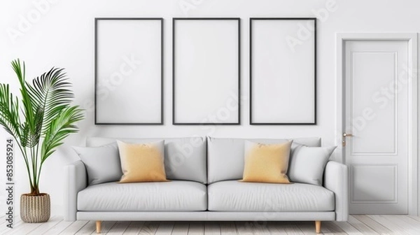 Fototapeta Modern interior with empty frames on a white wall, stylish living room featuring a comfortable sofa, decorative cushions, and a potted palm plant seen through an open door, ideal for home staging