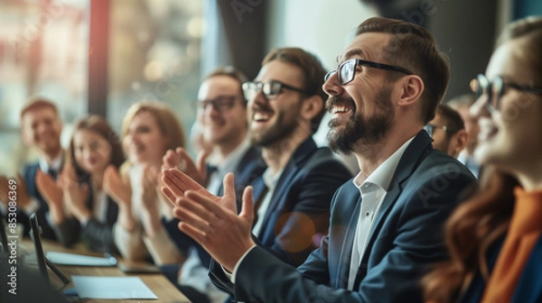 Fototapeta a  of a business team celebrating a success, some wearing eyeglasses, clapping and smiling, depth of field, group of businesspeople, business, office, eyeglasses, boa