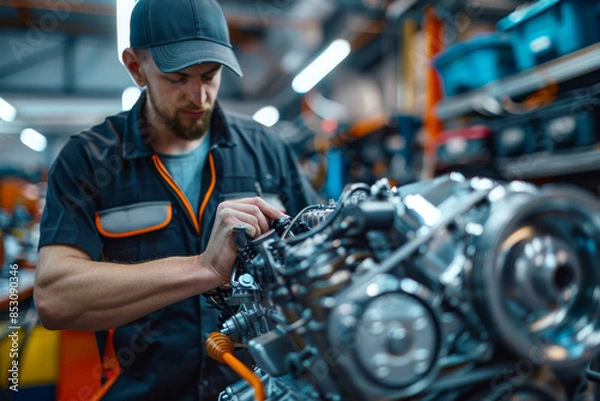 Fototapeta Mechanic in uniform working on a car engine in a workshop, focusing on repairing and maintaining vehicle components.