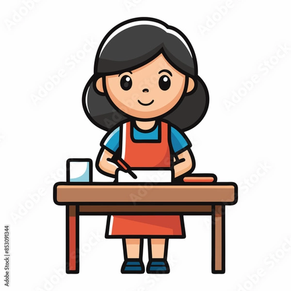 Fototapeta cute-girl-doing-task-on-table-cartoon-vector-icon