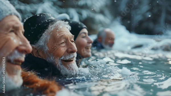 Obraz Group of elder swimming and enjoying benefits of cold water.
